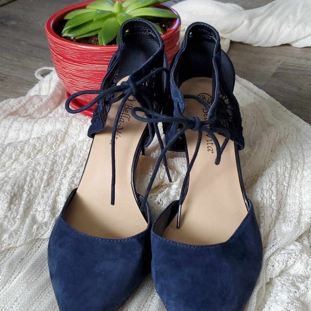 Bella Vita blue suede tie lace pointed heels